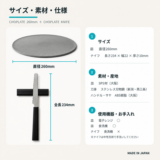 CHOPLATEプレートとナイフのサイズ・仕様