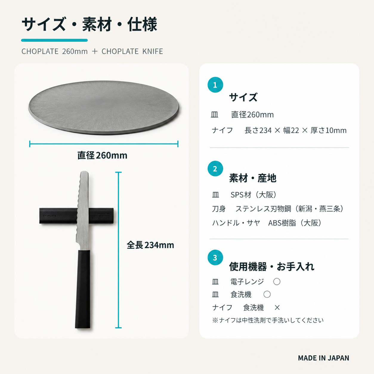 CHOPLATEプレートとナイフのサイズ・仕様