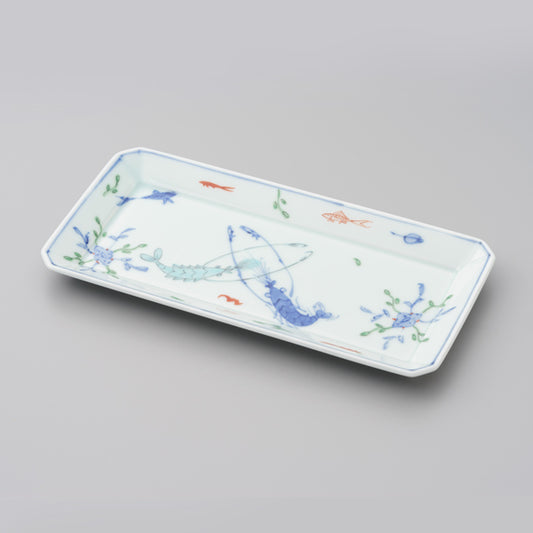 【渓山窯】染錦双海老長角皿（中）