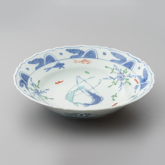 【渓山窯】染錦双海老桔梗渕7寸中鉢