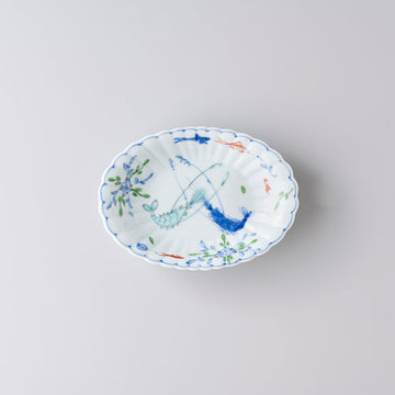 【渓山窯】染錦双海老菊型小判皿