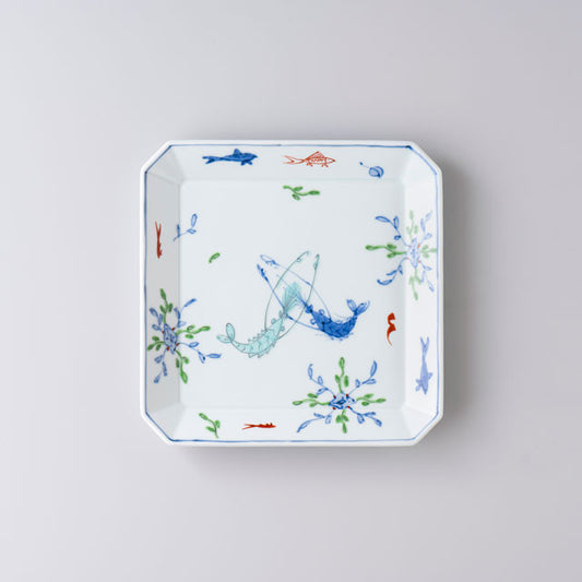 【渓山窯】染錦双海老20センチ角皿