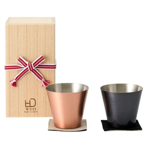 【WDH】純銅製カップ 2個セット コースター付 桐箱入り マット＆ブラウン